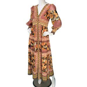 Vineet Bahl Dress Womens XSP Petite Pink Floral Boho Maxi Long Sleeve V-Neck